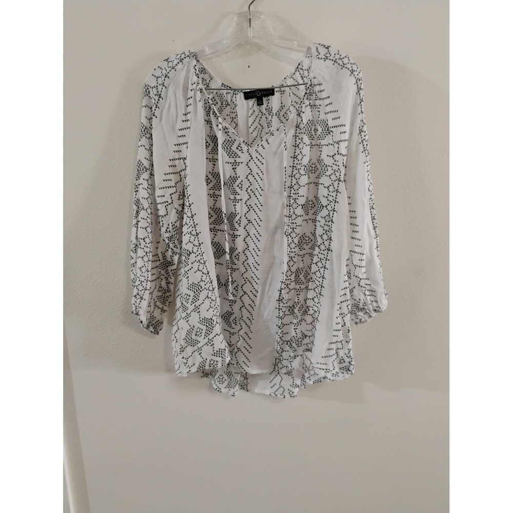 Fred David White Black Geometric Tribal Print Peasant Blouse Top Large Boho